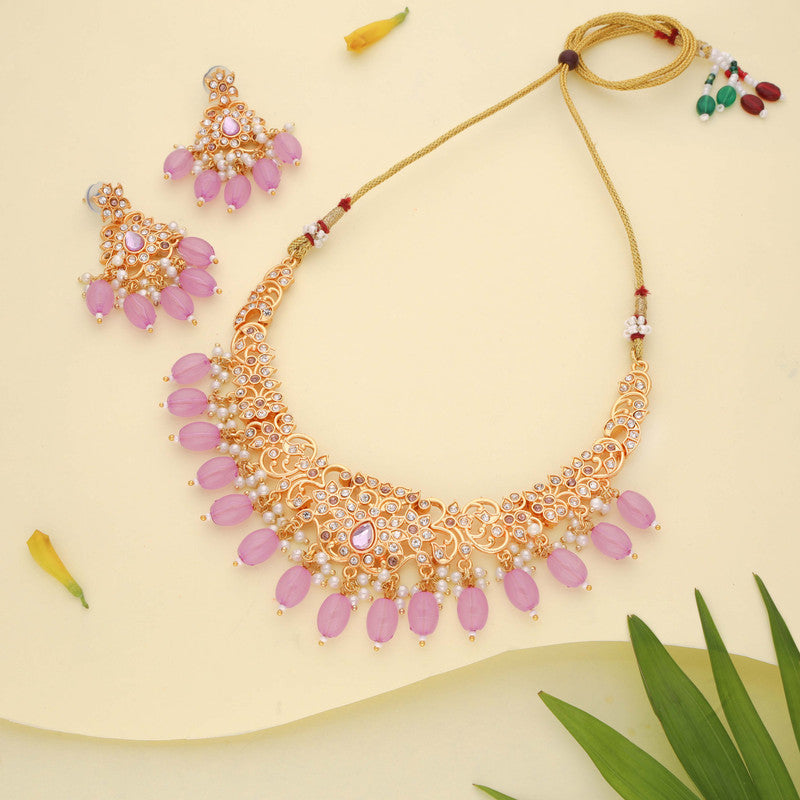 Tehzeeb Creations Gold-Polished Lavender Colour Necklace With Stud - Distacart