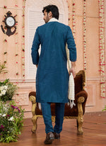 Thumbnail for Raivat Ethnic Teal Blue Colour Art Silk Kurta Pajama With Matching Dupatta