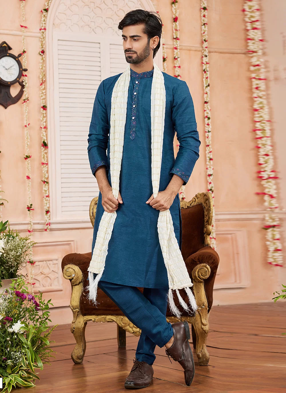 Raivat Ethnic Teal Blue Colour Art Silk Kurta Pajama With Matching Dupatta