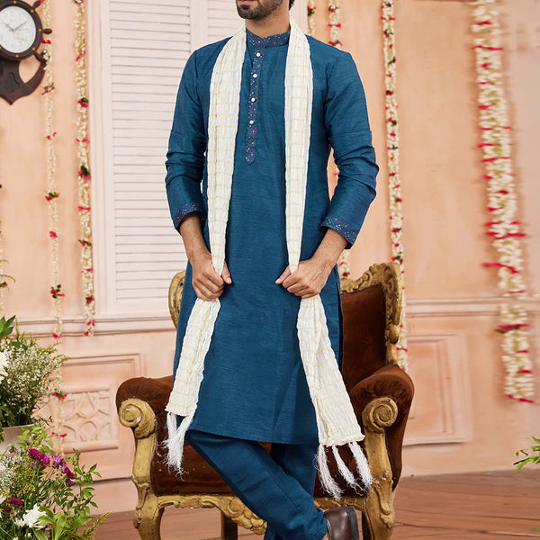 Raivat Ethnic Teal Blue Colour Art Silk Kurta Pajama With Matching Dupatta - Distacart
