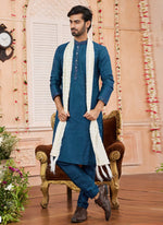 Thumbnail for Raivat Ethnic Teal Blue Colour Art Silk Kurta Pajama With Matching Dupatta