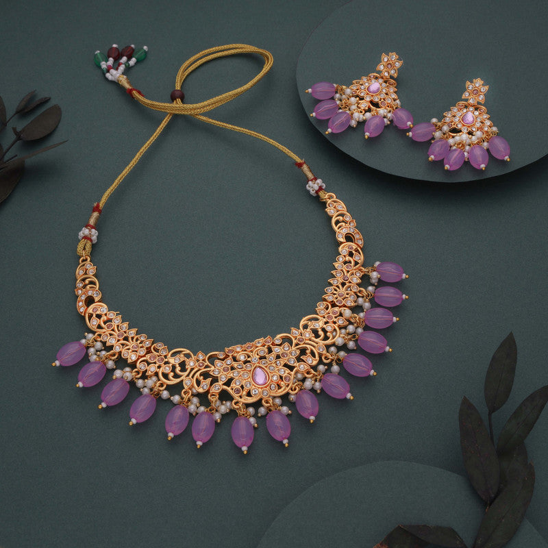 Tehzeeb Creations Gold-Polished Lavender Colour Necklace With Stud - Distacart