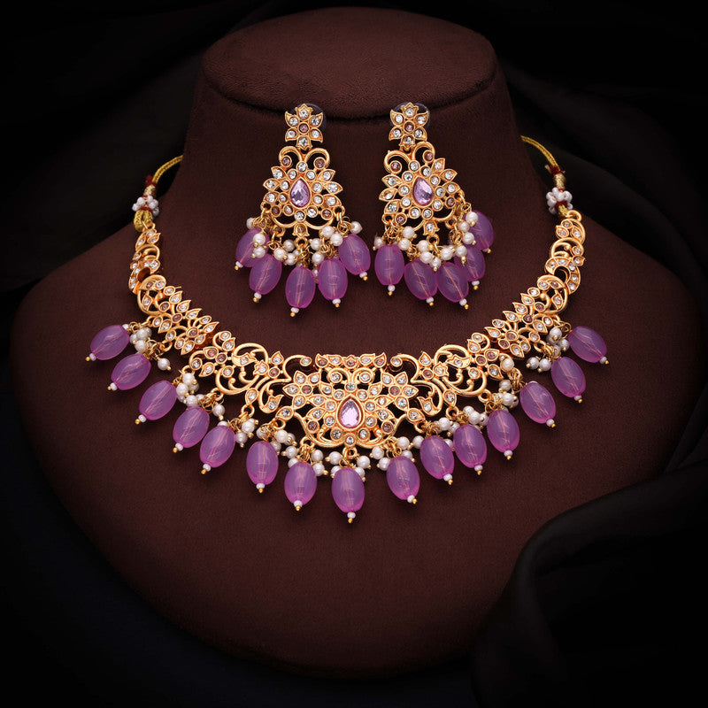 Tehzeeb Creations Gold-Polished Lavender Colour Necklace With Stud - Distacart