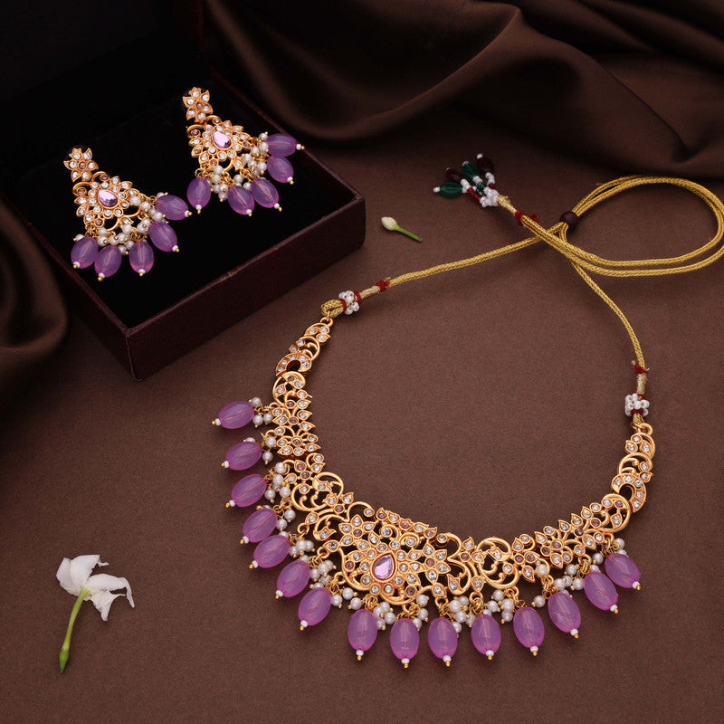 Tehzeeb Creations Gold-Polished Lavender Colour Necklace With Stud - Distacart