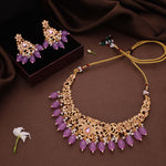 Thumbnail for Tehzeeb Creations Gold-Polished Lavender Colour Necklace With Stud - Distacart
