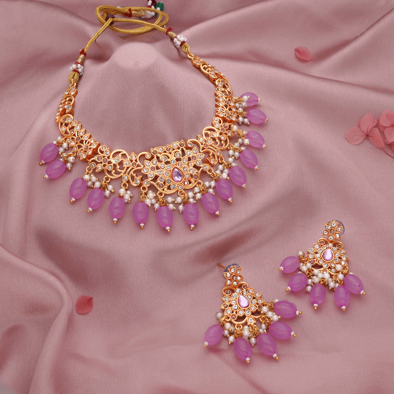 Tehzeeb Creations Gold-Polished Lavender Colour Necklace With Stud - Distacart