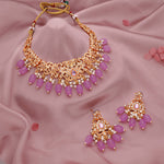 Thumbnail for Tehzeeb Creations Gold-Polished Lavender Colour Necklace With Stud - Distacart