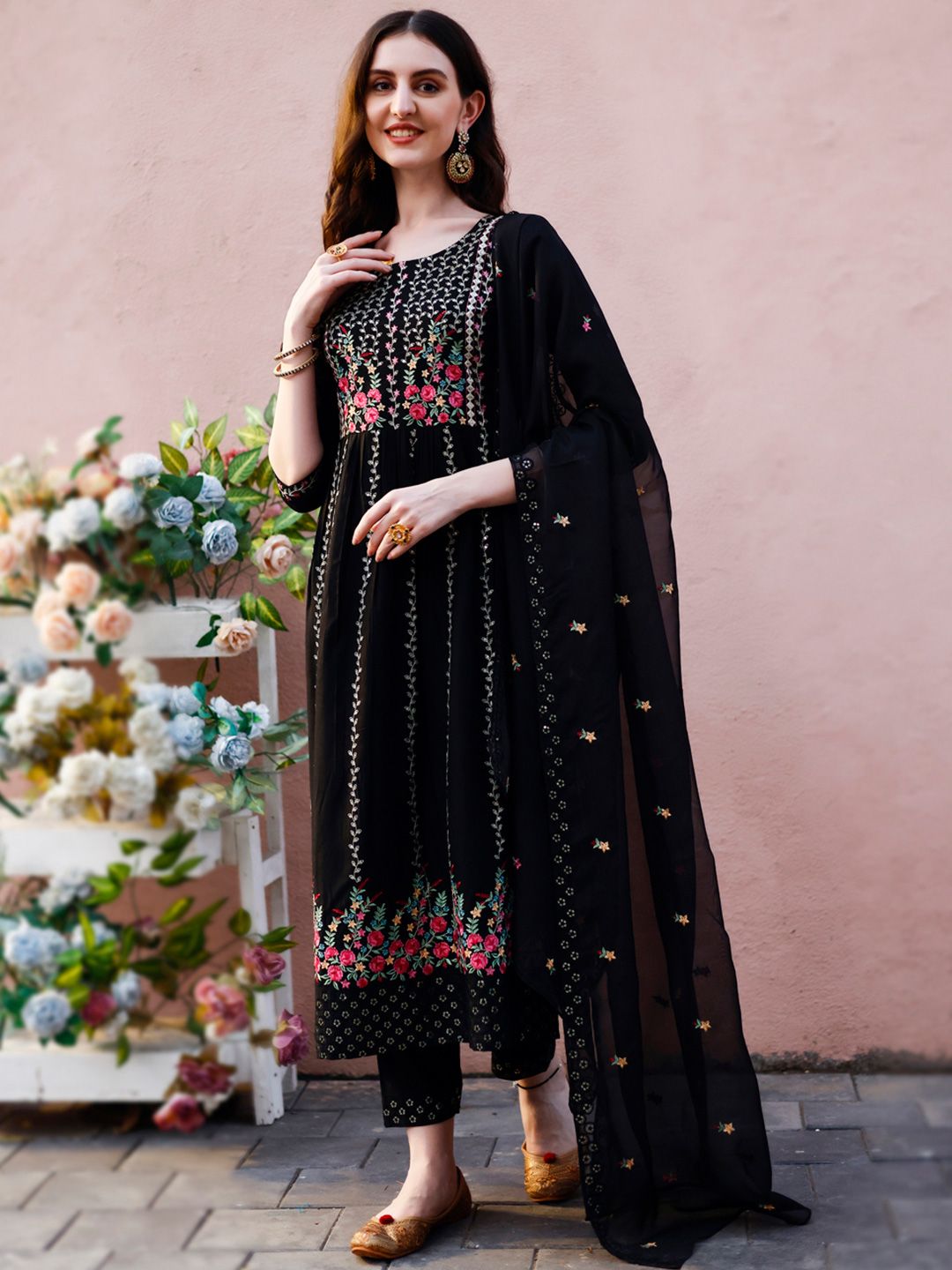 Kalini Floral Embroidered A-Line Thread Work Kurta with Trousers & Dupatta - Distacart