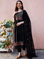 Thumbnail for Kalini Floral Embroidered A-Line Thread Work Kurta with Trousers & Dupatta - Distacart