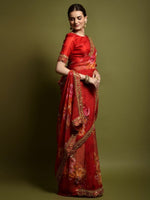 Thumbnail for Anouk Red & Yellow Floral Printed & Embroidered Border Pure Georgette Saree - Distacart