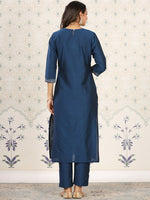 Thumbnail for Ode by House of Pataudi Floral Embroidered Yoke Mirror Work Straight Kurta with Trousers - Distacart