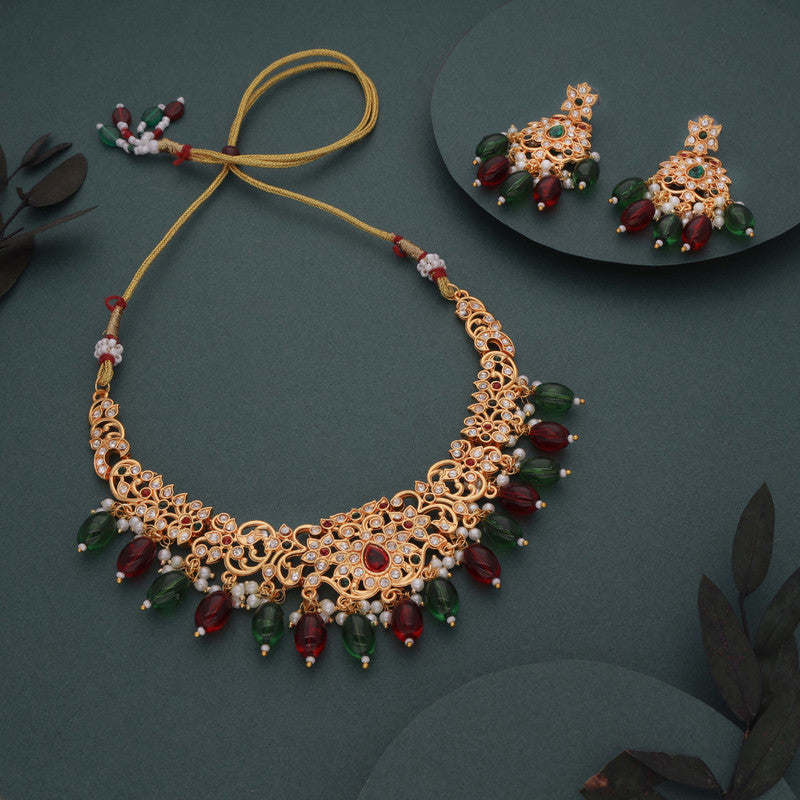 Tehzeeb Creations Gold-Polished Maroon Colour Necklace With Stud - Distacart