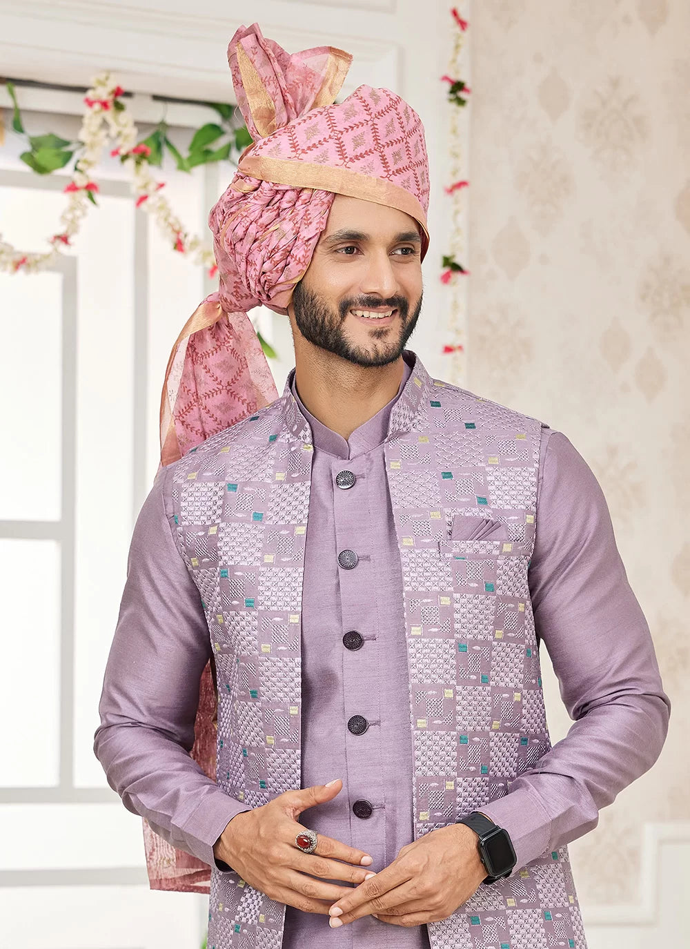 Raivat Ethnic Art Silk Embroidery Work Jacket Set In Onion Pink Colour