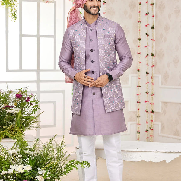 Raivat Ethnic Art Silk Embroidery Work Jacket Set In Onion Pink Colour