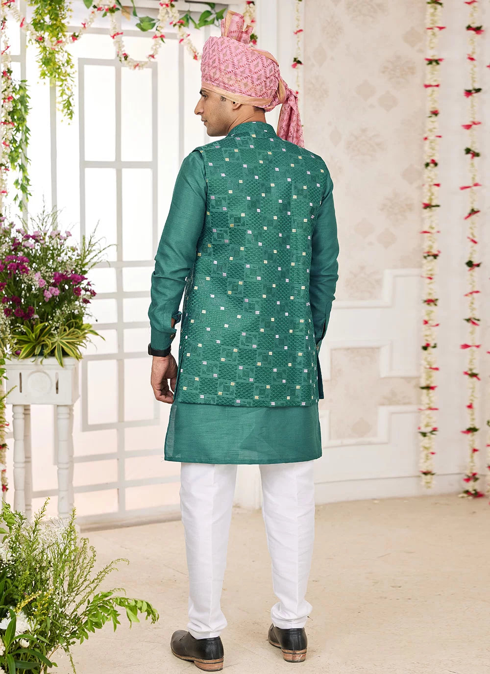 Raivat Ethnic Art Silk Embroidery Work Jacket Set In Green Colour