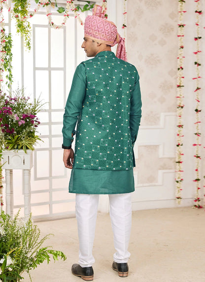 Raivat Ethnic Art Silk Embroidery Work Jacket Set In Green Colour - Distacart