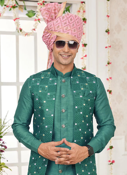 Raivat Ethnic Art Silk Embroidery Work Jacket Set In Green Colour - Distacart