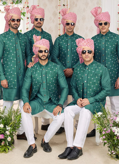 Raivat Ethnic Art Silk Embroidery Work Jacket Set In Green Colour - Distacart