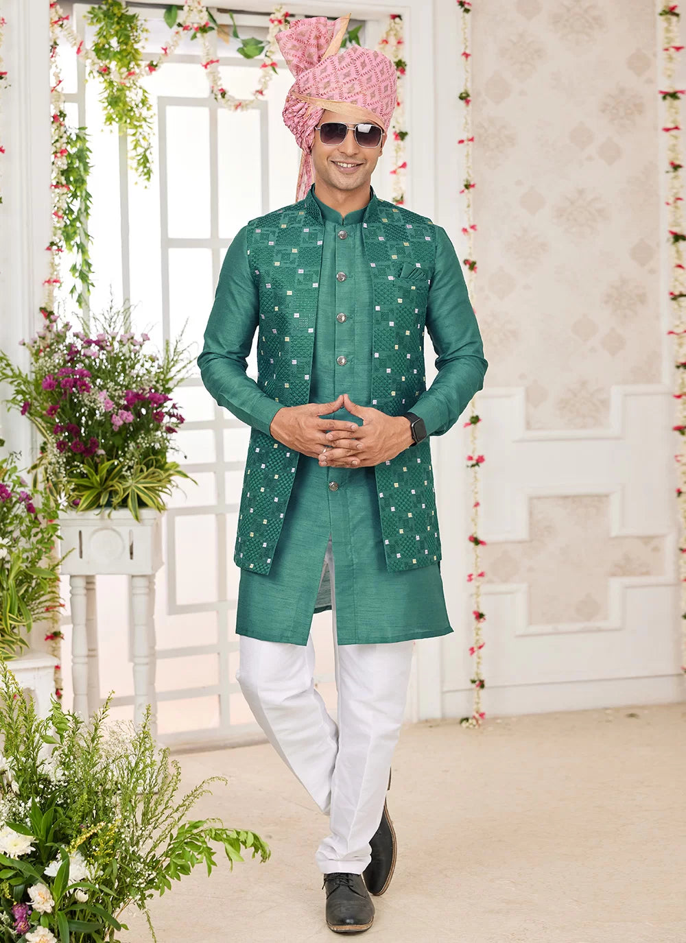 Raivat Ethnic Art Silk Embroidery Work Jacket Set In Green Colour