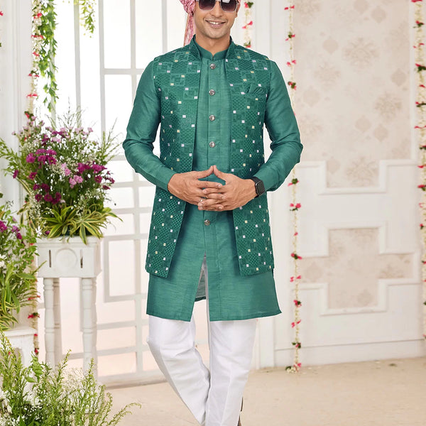 Raivat Ethnic Art Silk Embroidery Work Jacket Set In Green Colour