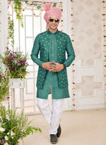 Thumbnail for Raivat Ethnic Art Silk Embroidery Work Jacket Set In Green Colour