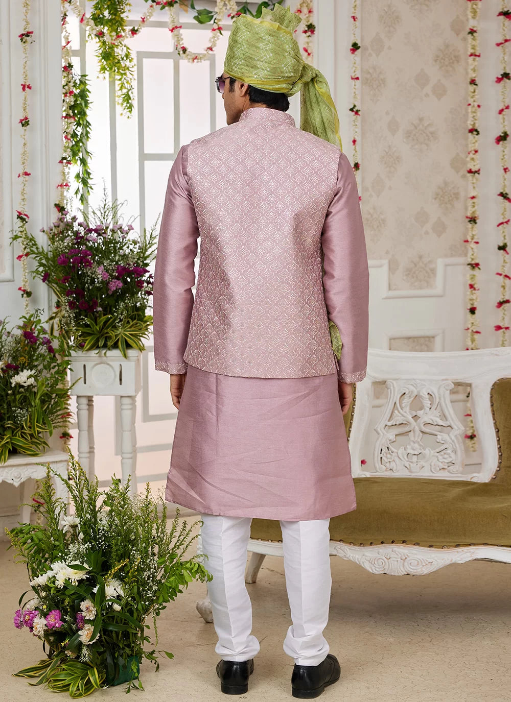 Raivat Ethnic Art Silk Embroidery Work Jacket Set In Onion Colour
