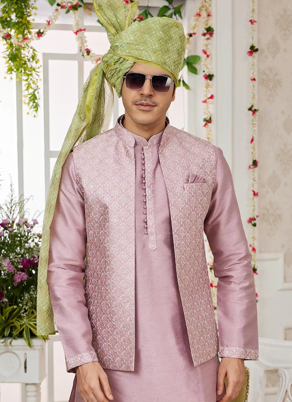 Raivat Ethnic Art Silk Embroidery Work Jacket Set In Onion Colour