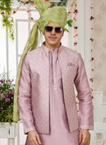 Thumbnail for Raivat Ethnic Art Silk Embroidery Work Jacket Set In Onion Colour
