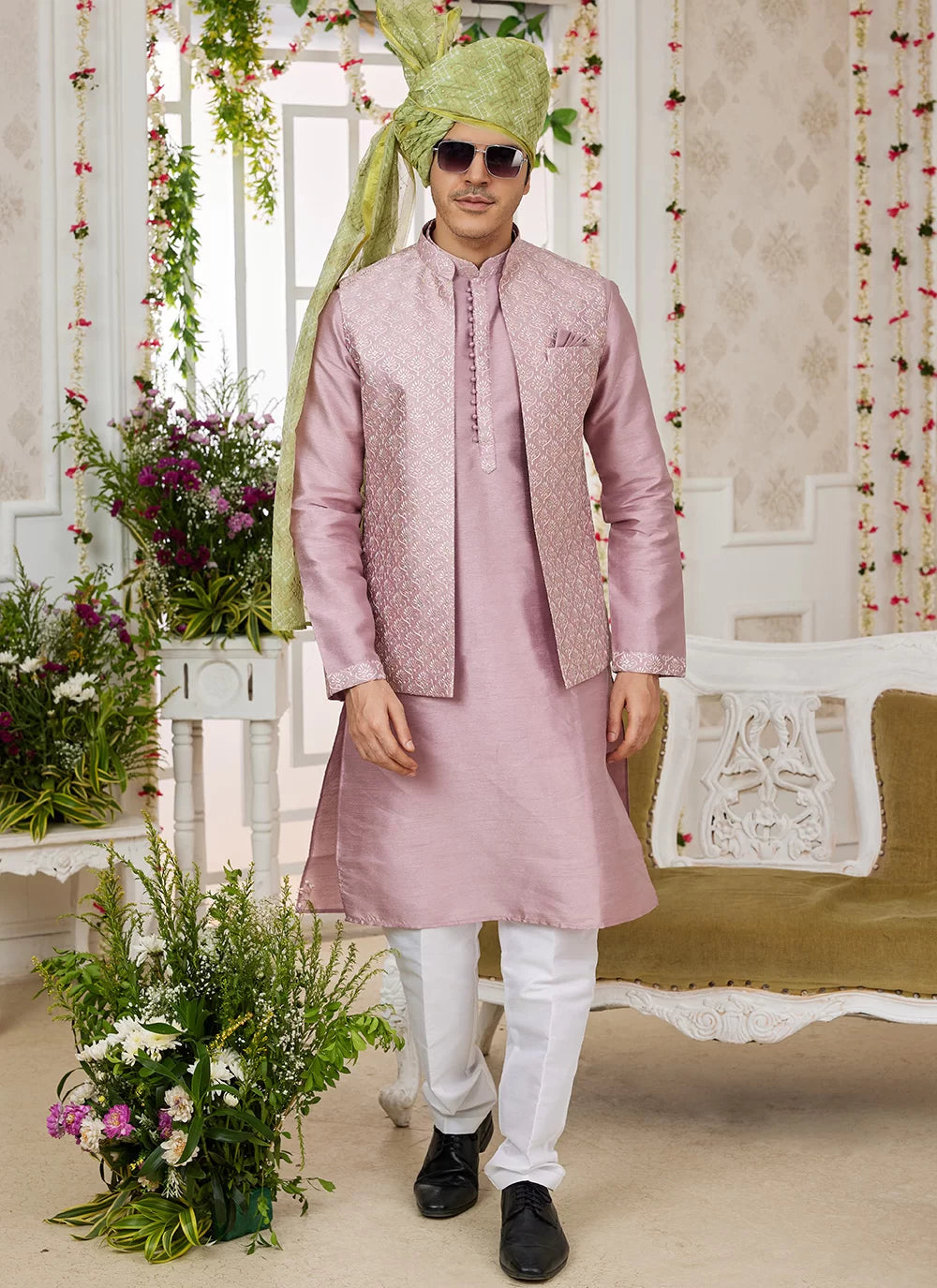 Raivat Ethnic Art Silk Embroidery Work Jacket Set In Onion Colour