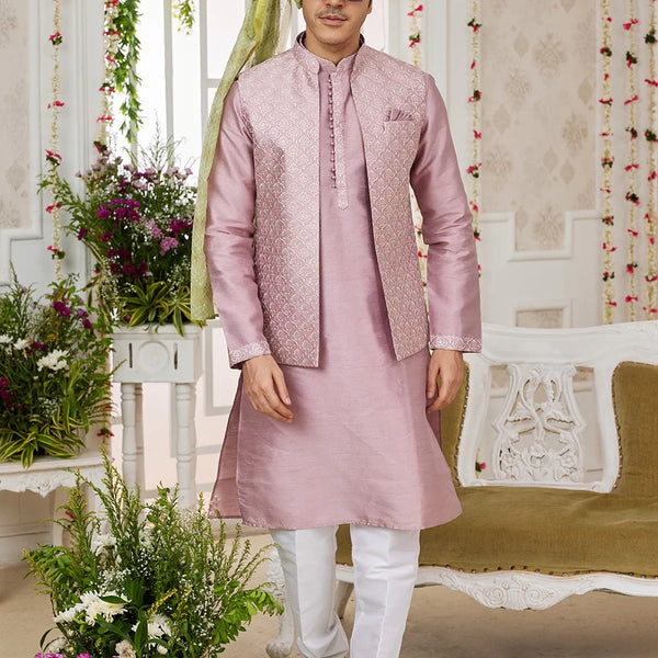 Raivat Ethnic Art Silk Embroidery Work Jacket Set In Onion Colour
