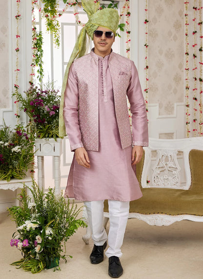 Raivat Ethnic Art Silk Embroidery Work Jacket Set In Onion Colour - Distacart
