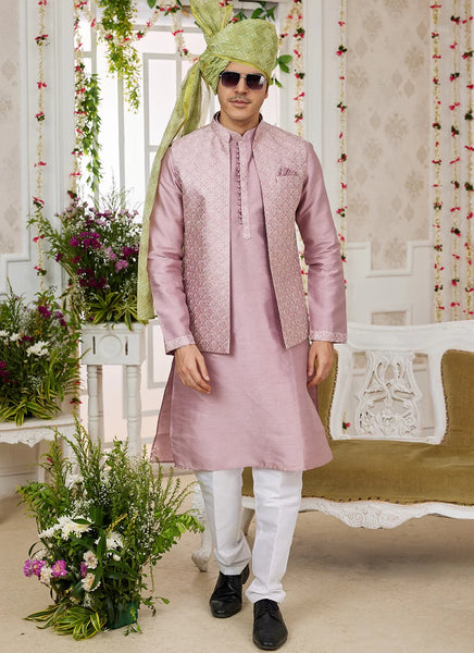 Raivat Ethnic Art Silk Embroidery Work Jacket Set In Onion Colour