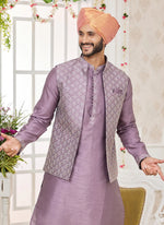 Thumbnail for Raivat Ethnic Art Silk Embroidery Work Jacket Set In Dark Onion Pink Colour