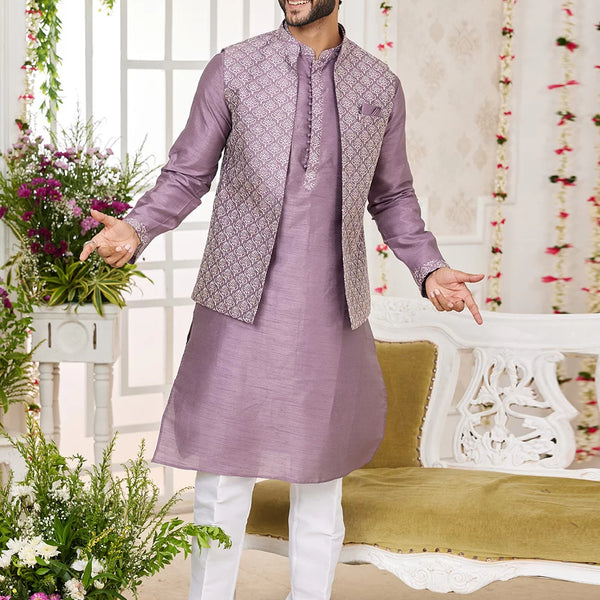 Raivat Ethnic Art Silk Embroidery Work Jacket Set In Dark Onion Pink Colour