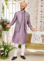 Thumbnail for Raivat Ethnic Art Silk Embroidery Work Jacket Set In Dark Onion Pink Colour