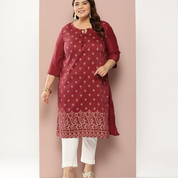 Sztori Plus Size Foil Print Tie-Up Neck Kurta - Distacart