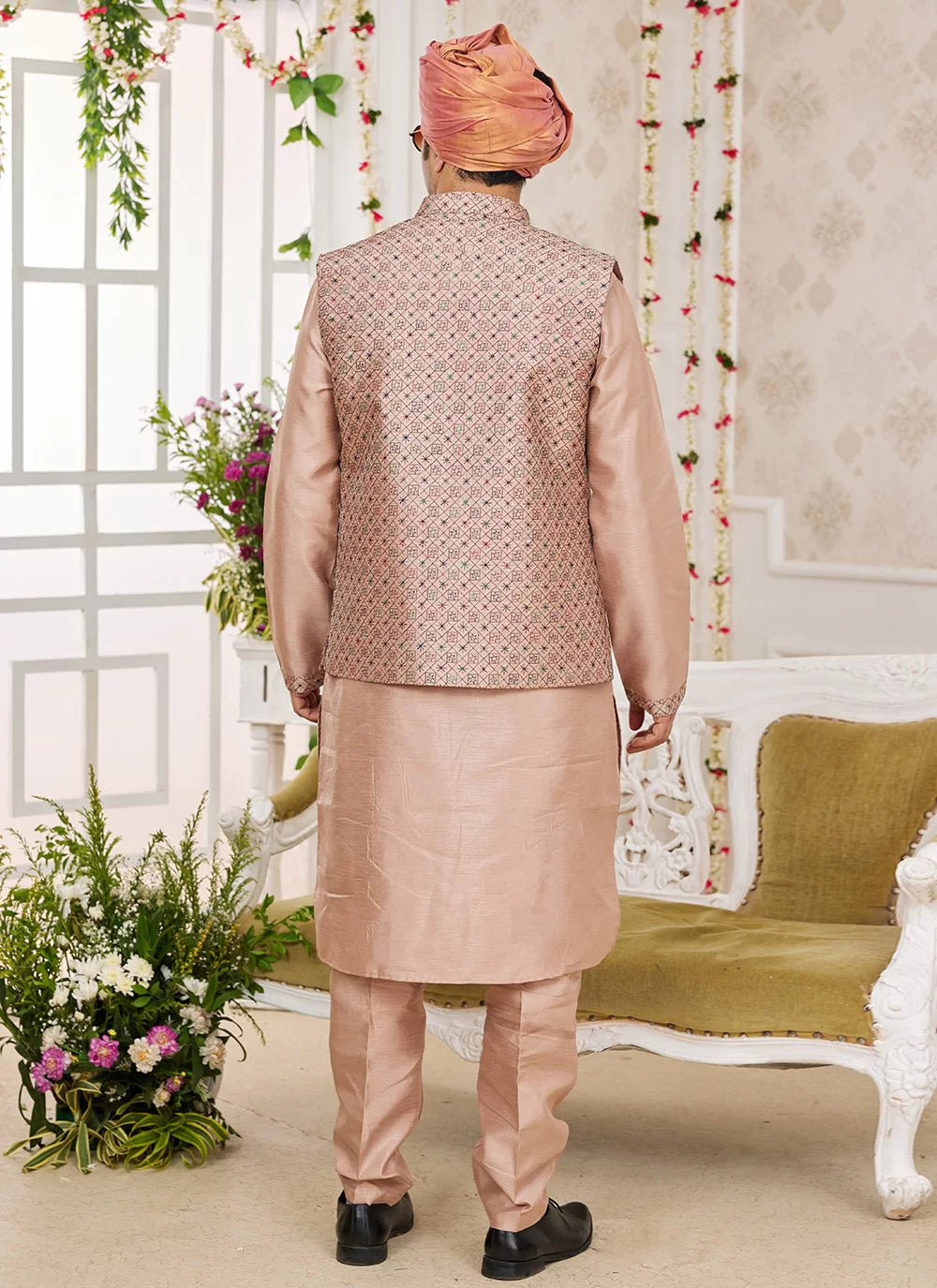 Raivat Ethnic Art Silk Embroidery Work Jacket Set In Peach Colour