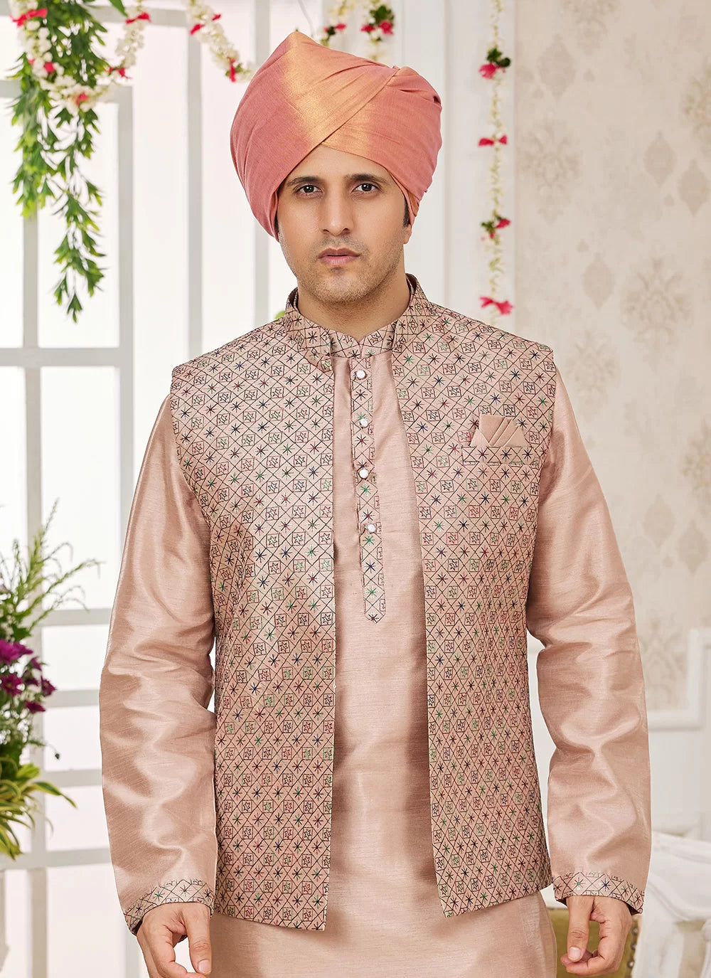 Raivat Ethnic Art Silk Embroidery Work Jacket Set In Peach Colour