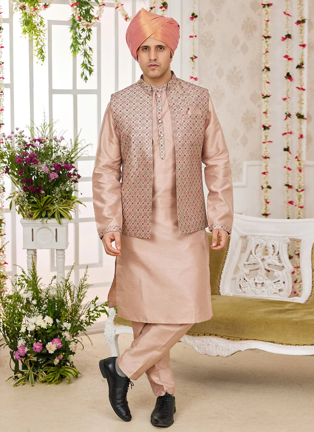 Raivat Ethnic Art Silk Embroidery Work Jacket Set In Peach Colour