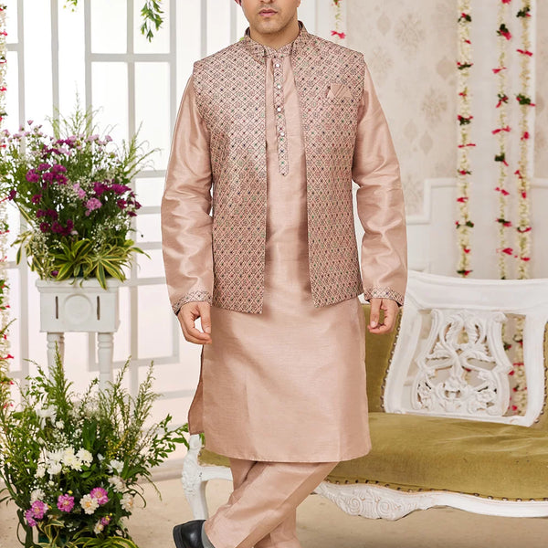 Raivat Ethnic Art Silk Embroidery Work Jacket Set In Peach Colour