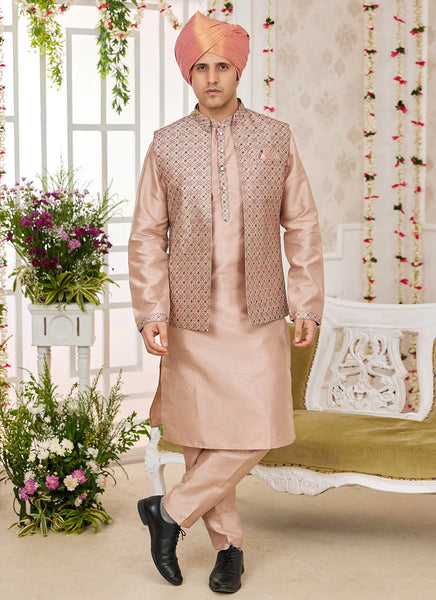 Raivat Ethnic Art Silk Embroidery Work Jacket Set In Peach Colour