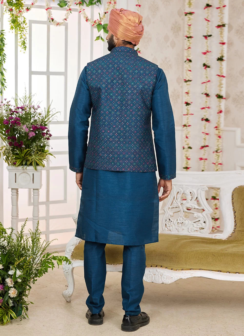 Raivat Ethnic Art Silk Embroidery Work Jacket Set In Teal Blue Colour