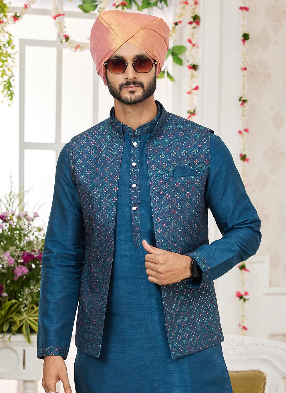 Raivat Ethnic Art Silk Embroidery Work Jacket Set In Teal Blue Colour