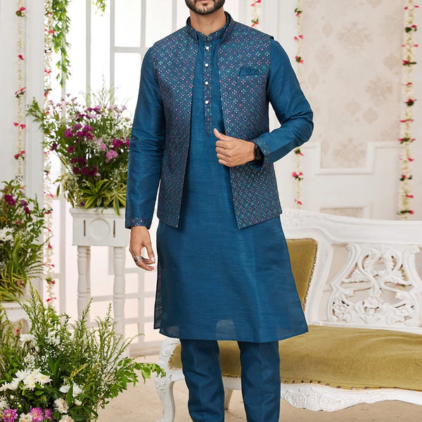 Raivat Ethnic Art Silk Embroidery Work Jacket Set In Teal Blue Colour