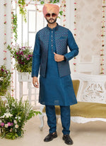Thumbnail for Raivat Ethnic Art Silk Embroidery Work Jacket Set In Teal Blue Colour