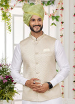 Thumbnail for Raivat Ethnic Art Silk Embroidery Work Jacket Set In Off White Colour