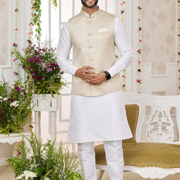 Raivat Ethnic Art Silk Embroidery Work Jacket Set In Off White Colour