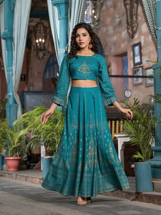 Juniper Women's Teal Ethnic Motif Printed Liva Rayon Lehnga & Choli Set With Coins & Beads - Distacart
