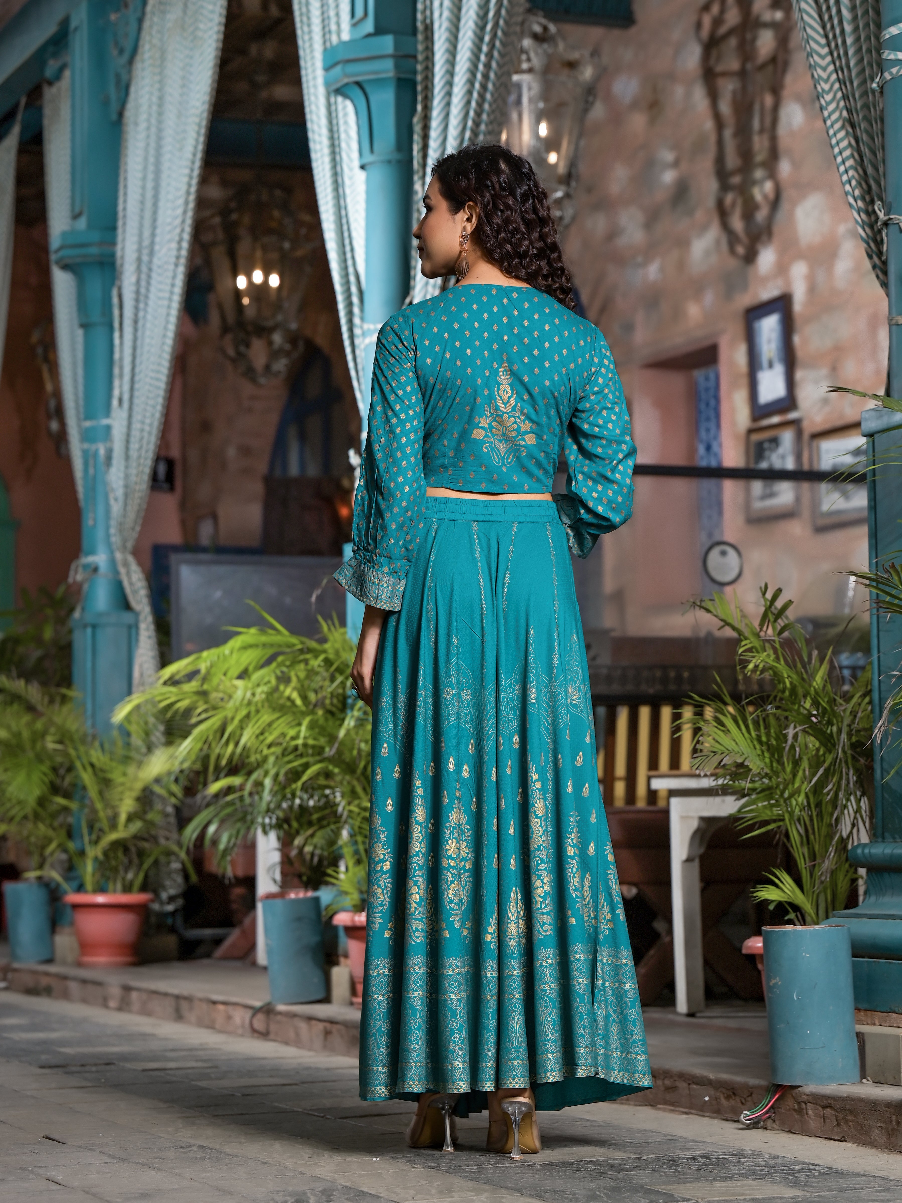 Juniper Women's Teal Ethnic Motif Printed Liva Rayon Lehnga & Choli Set With Coins & Beads - Distacart
