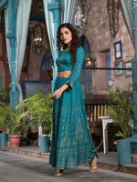 Thumbnail for Juniper Women's Teal Ethnic Motif Printed Liva Rayon Lehnga & Choli Set With Coins & Beads - Distacart